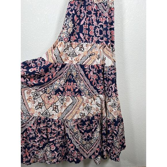 Abel The Label Maxi Dress Small Smocked Tie Straps Tiered Floral Boho Anthro - Picture 4 of 6